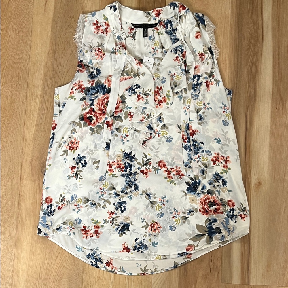 White House Black Market Floral Blouse - White and Blue